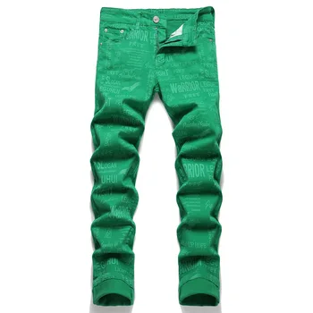 Evropski Ameriški Stil, Novo Poletje Ulica Moške Jeans Digital Print Zelena Slim Hlače Mid-Pas Priložnostne Hip Hop Oblačila