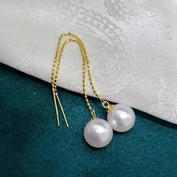 Krasen 10-11 mm Južno Morje Krog White Pearl Visijo Uhan 925sliver Earings za Ženske