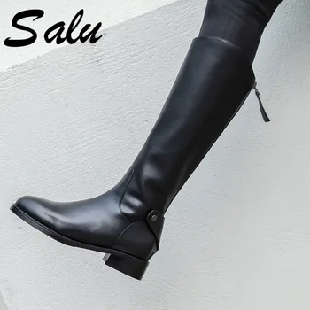 Salu Black Ženske Škornji Pravega Usnja Kolena Visoki Škornji 3,5 cm Pete Jesensko Zimski Modni Čevlji
