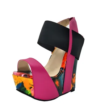 GOOFLORON velikost čevlji, Sladko moda , pisanih usnje, 16 cm klin sandale, ženske sandale. Velikost: 34 in 45