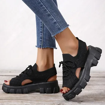 2022 Poletni ženski Sandali Očesa Priložnostne Čevlji Črni Platformo Čipke-up Sandali Ženske Open Toe Plaži Čevlji Zapatos Mujer