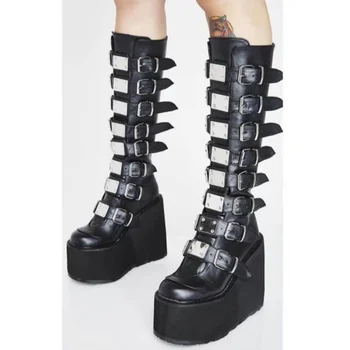 2022 Ženske Škornji Zimski Škornji z Visoko Dolgo Cev Usnje Vitez Boot Punk Gothic Classic Black Visoke Pete, Čevlji Kolen Visoko Botas
