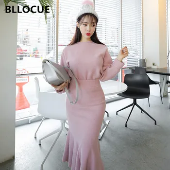 BLLOCUE Jeseni, Pozimi Nove Modne Ženske Obleka korejska Različica O-Vratu Priložnostne Dno Majica+Slim Torba za Hip fishtail Krilo Obleko