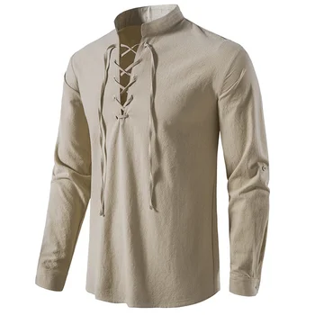 Majica Evropski Stil Henley Za Človeka Priložnostne Vintage Moda za Moške Perilo, Srajce Poletne Moške Bombažne Majice Polo Čipke Ulične
