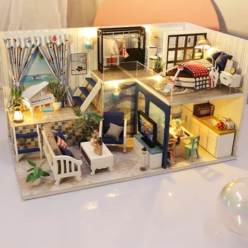 Diy Lesena Lutka Hiša Kit Miniaturni S Pohištvom Jadrnico Soba Mansarda Casa Villa Lutke Igrače Za Dekleta Fantje Božična Darila