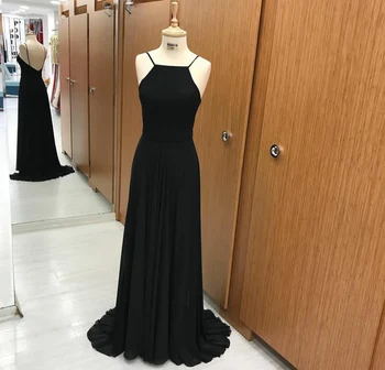 Elegantno Dolgo Povodcem A-Linija Black Družico Obleke Šifon Dolžina Tal Criss Cross Nazaj Naguban Oblačilih, de Soirée za Ženske