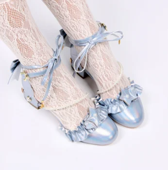 Poletje lolita sandali lupini čipke mid-pete princesa dnevno japonski visoke pete letnik čipke bowknot povoj kawaii čevlji cosplay