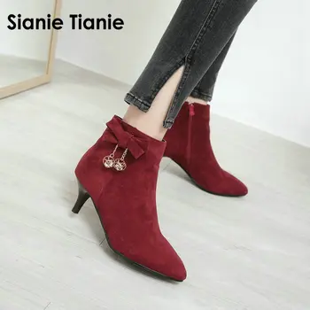 Sianie Tianie 2020 zimski modni nizke pete ženski čevlji kristalno bowtie gleženj škornji ženske škornji zip chelsea čevlji plus velikost 44 45