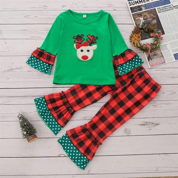 Otroška Oblačila Nastavite Otroci Dekle Božič Priložnostne Obleke, Kompleti za Malčke Elk Natisnjeni T-shirt Malčka Karirasti Bell-dnom Hlače