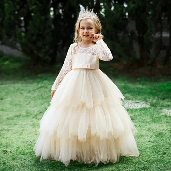 Princesa Obleko Po Meri Dekle Rojstni Dan Obleke Čipke Til Dolge Rokave Cvet Dekle Obleko Otroka Obleko Prvi Občestvu Fant Obleke