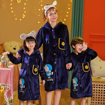 Zimske Ženske, Otroci Pižame Nastavite Mama Fantje Dekleta Hooded Flanela Srčkan Kopalni Plašči Pijama Set Ženskih Toplo Nightgown Dolge Plašče Kimono