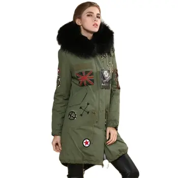 Odstranljiva krzno ovratnik zimska jakna ženske parkas,vojska zelena britansko zastavo kotlovec suknjič ovratnik parka plašč