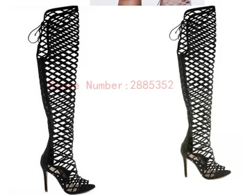 Rimski stil črni super visoke pete moda votel, nad kolena sandali ženske open toe čipke zadrgo sandali plus velikost 43 44