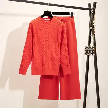 Ženski pulover, na novo določiti slog, barva kašmir bo ustrezala konoplje vzorec turtleneck pulover modni širok noge hlače obleko, dvodelno,