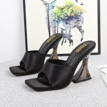 Ženske shoes2022 Poletje Kvadratnih Saten krpo visoko peto čevlje Povlecite Pregleden Podkve Petah Moda Prostem Žensk Copate